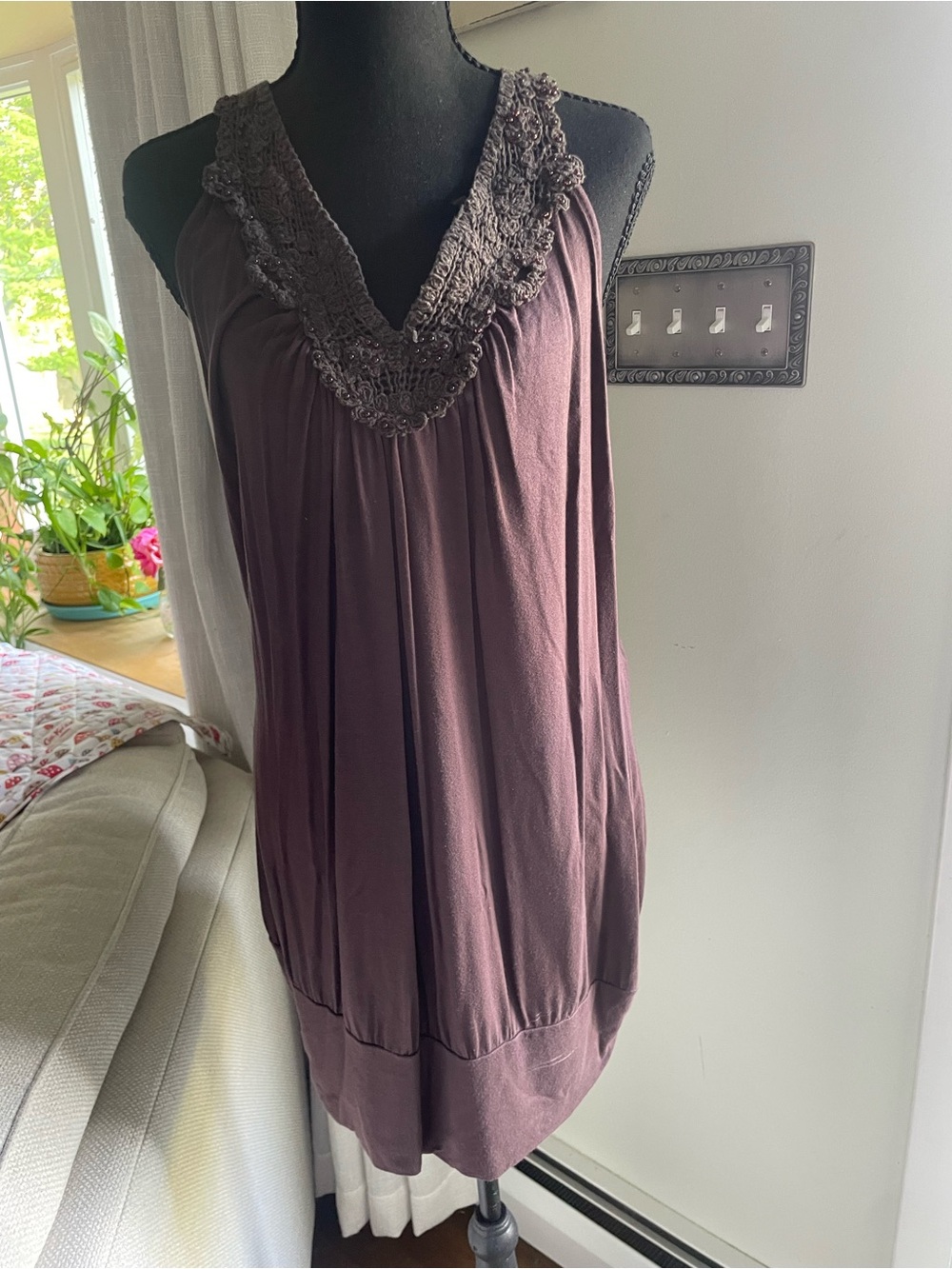 Sleeveless Crochet V-Neck Tunic in Deep Plum Could Be Worn as a Dress/Long Top